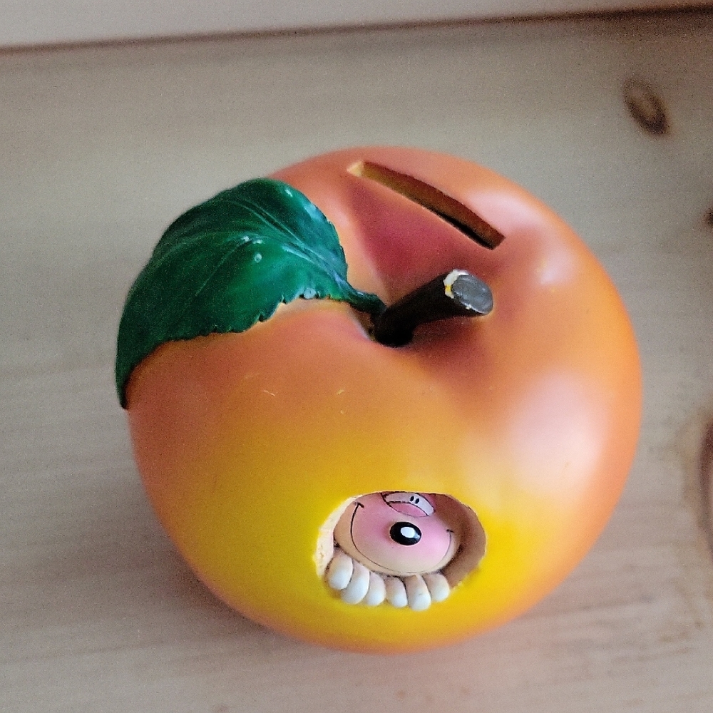 Vintage Orange Apple Coin Bank with Worm